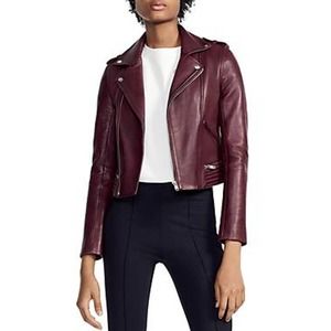 Maje Bordeaux Basilta Leather Cropped Moto Jacket Women's Size 10 / Medium